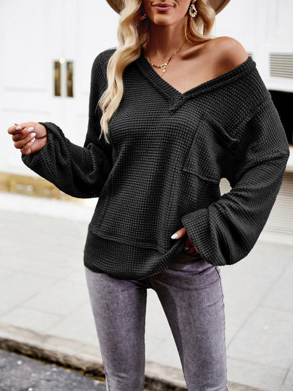 Marjorie V Neck Patch Pocket Loose Waffle Long Sleeve Top