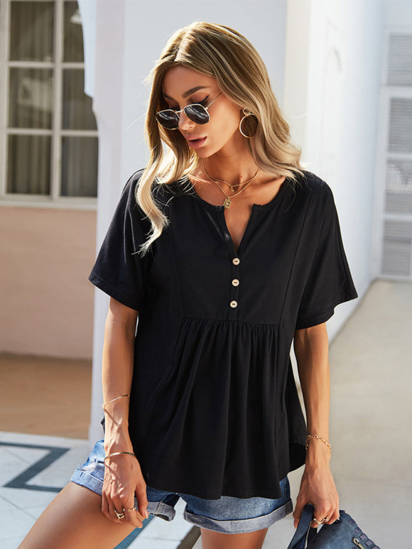 Anne New Casual V-Neck Solid Color Babydoll Short-Sleeved T-Shirt