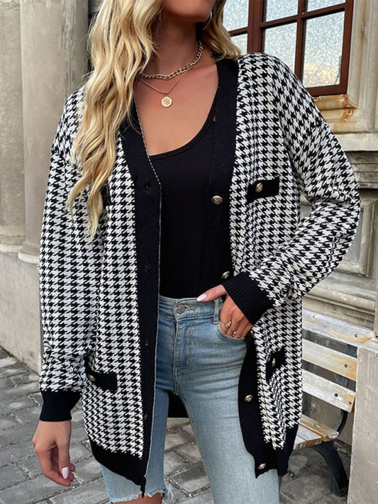 Christie Women's Fashion Coat Long Sleeve Houndstooth Sweater Cardigan Mid Length