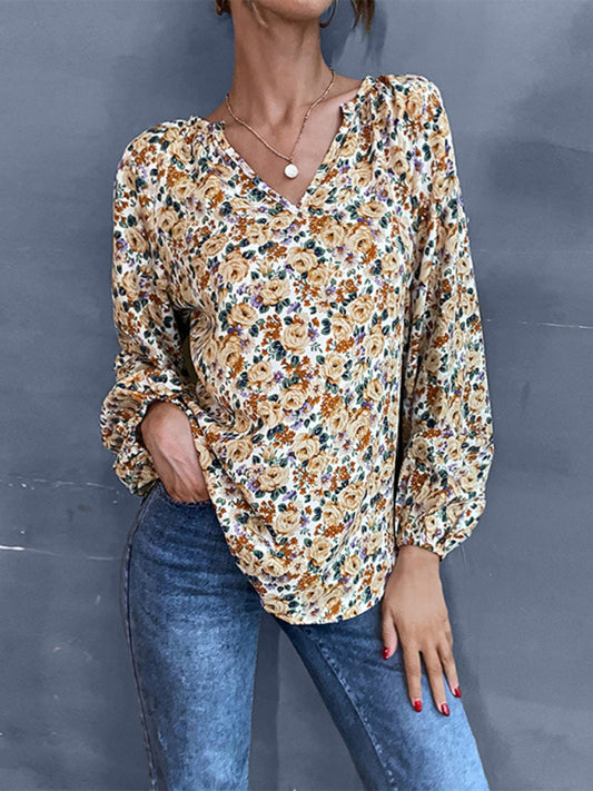 Jubilee New Holiday Fashion Women's Loose V-Neck Long-Sleeved Floral Shirt