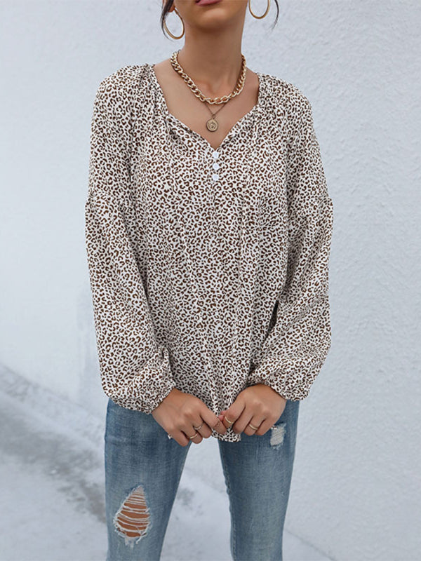 Julissa New Retro Tops Foreign Style Long-Sleeved Drawstring Leopard V-Neck Shirt