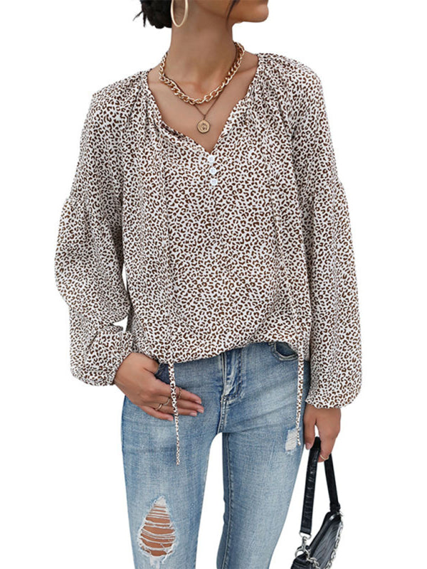 Julissa New Retro Tops Foreign Style Long-Sleeved Drawstring Leopard V-Neck Shirt