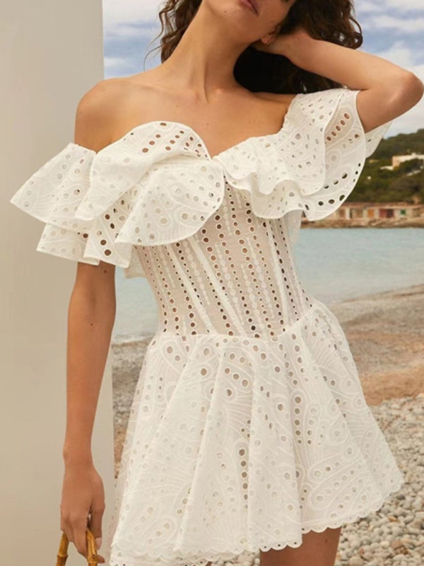 Abigail Sweet and Sexy One-Neck Ruffle Edge Hollow Embroidery Holiday Dress