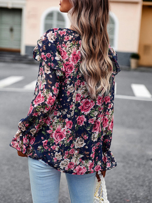 Ledia New Women's Elegant Commuter Floral Long-Sleeved Shirt