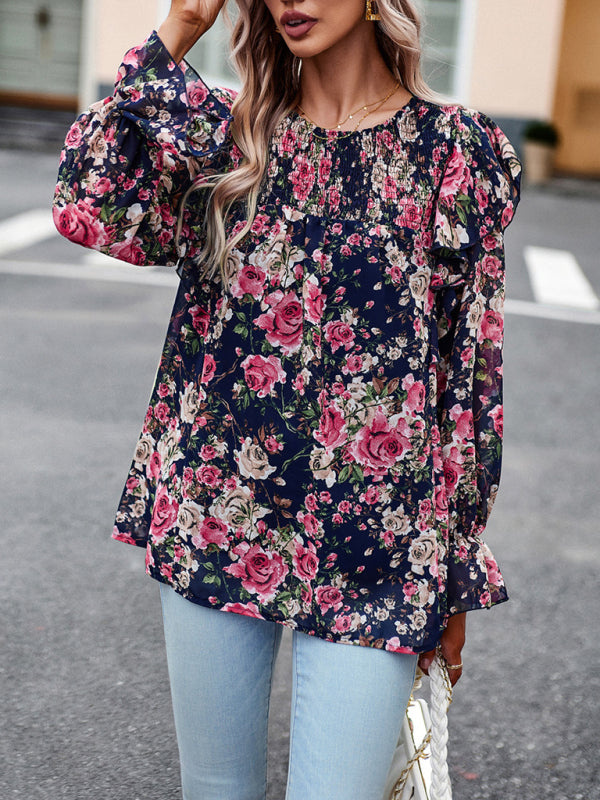 Ledia New Women's Elegant Commuter Floral Long-Sleeved Shirt