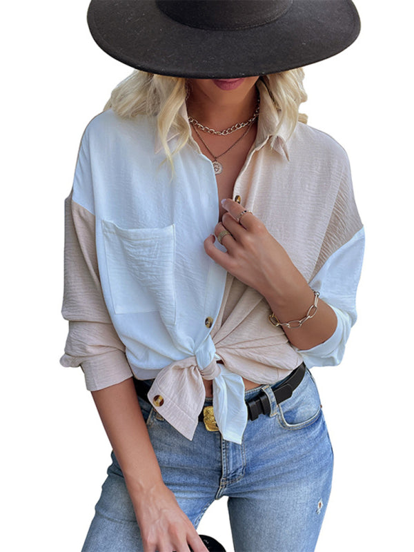 Larue Fashionable Women's Color-Block Long-Sleeved Shirt Design Sense Shirt