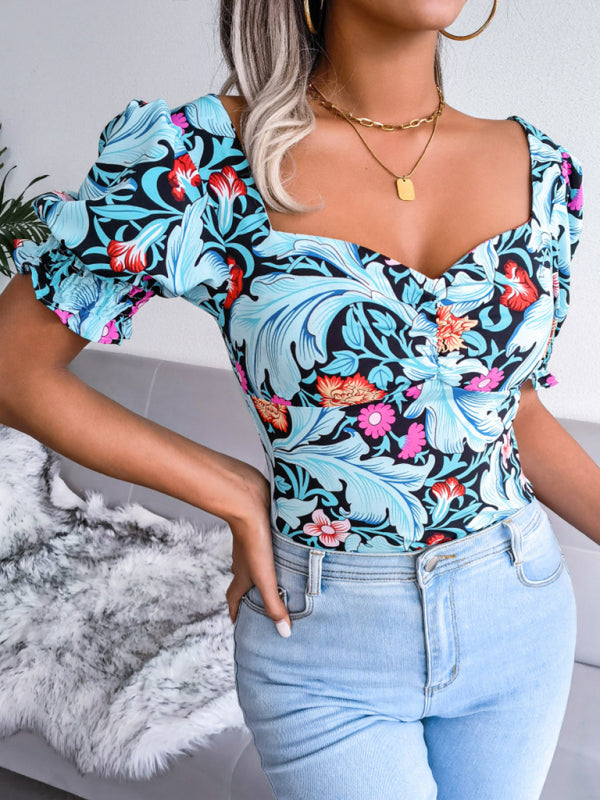 Sigrid New Women's Sexy Square Neck Floral Chiffon Shirt Top