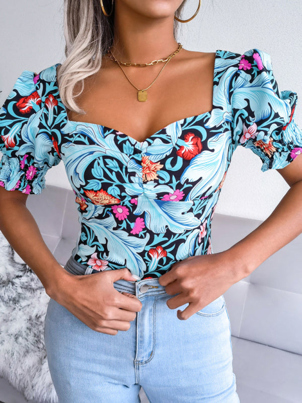 Sigrid New Women's Sexy Square Neck Floral Chiffon Shirt Top