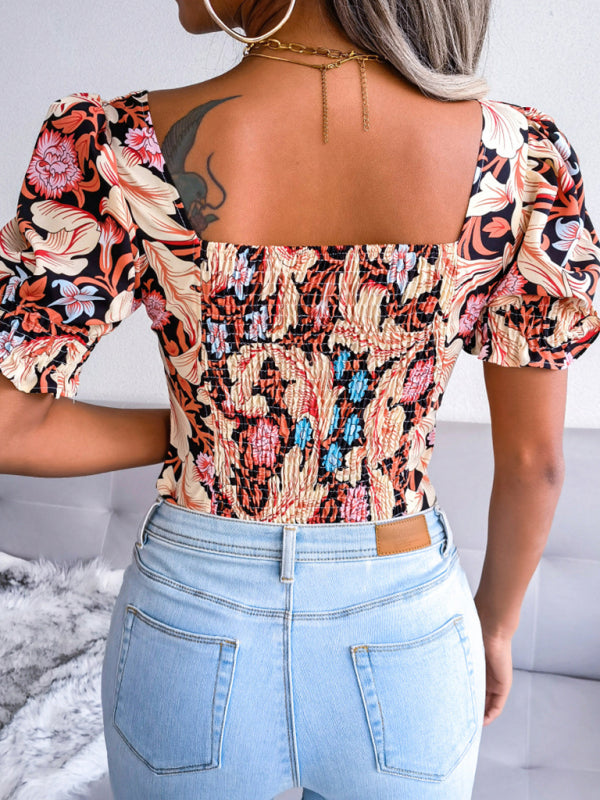 Sigrid New Women's Sexy Square Neck Floral Chiffon Shirt Top