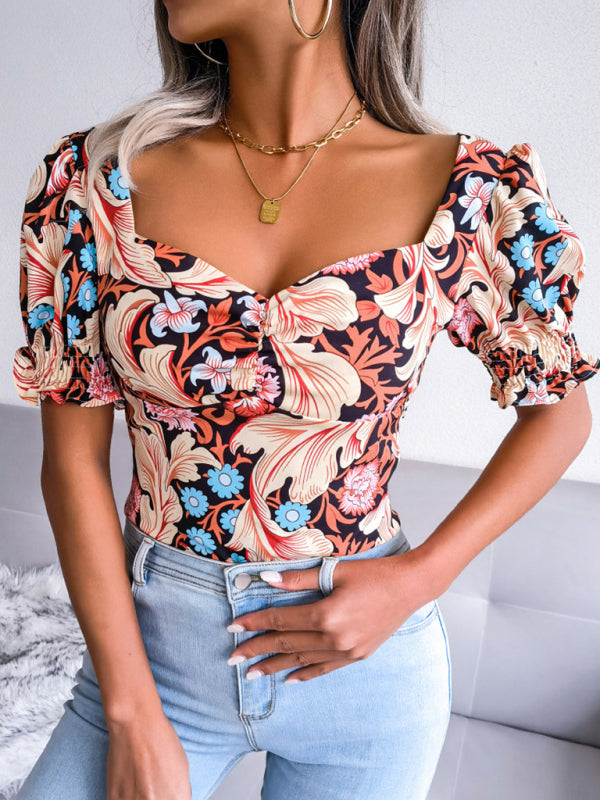 Sigrid New Women's Sexy Square Neck Floral Chiffon Shirt Top