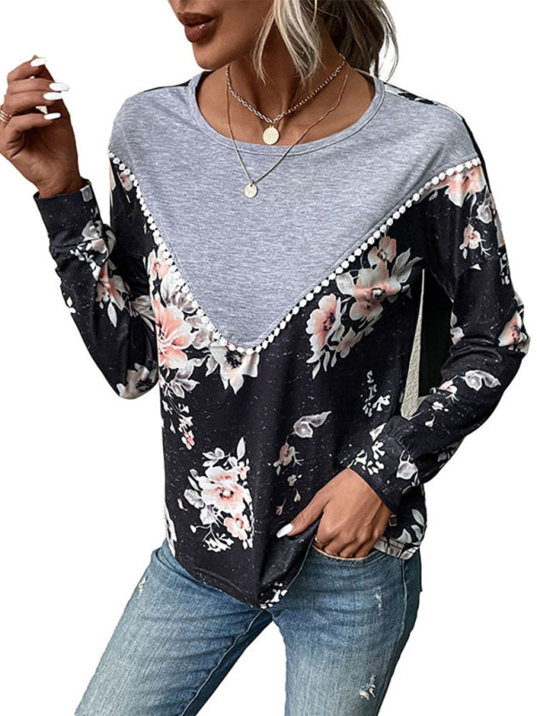 Christy New Women's Long-Sleeved Color Block Sweater Thin Sweater T-Shirt