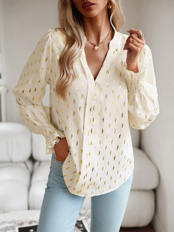 Marissa Women's V-Neck Bronzing Polka Dot Long-Sleeved Shirt Blouse