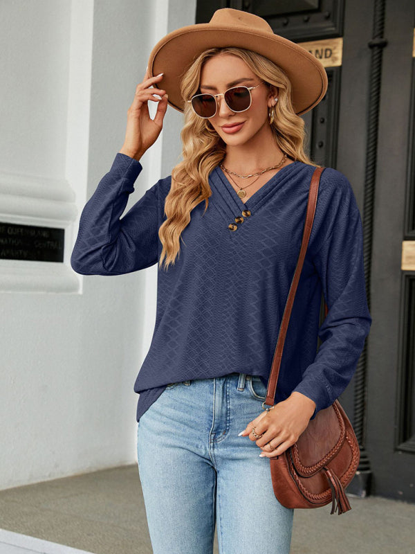 Parker V Neck Button Loose Long Sleeve T-Shirt Top Women's Clothes