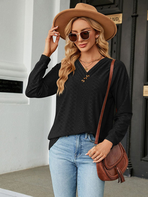 Parker V Neck Button Loose Long Sleeve T-Shirt Top Women's Clothes