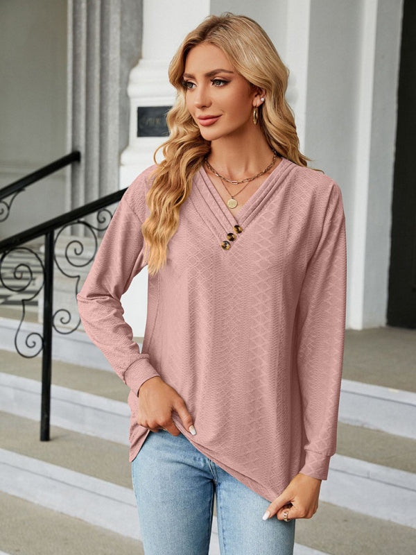 Parker V Neck Button Loose Long Sleeve T-Shirt Top Women's Clothes