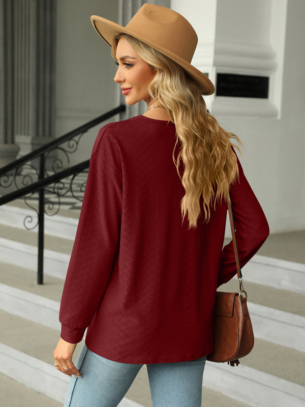 Parker V Neck Button Loose Long Sleeve T-Shirt Top Women's Clothes