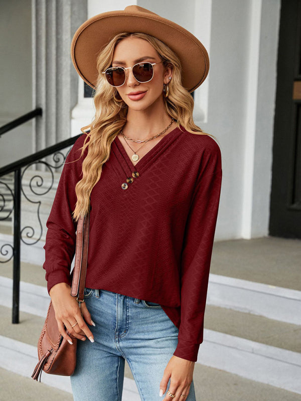 Parker V Neck Button Loose Long Sleeve T-Shirt Top Women's Clothes