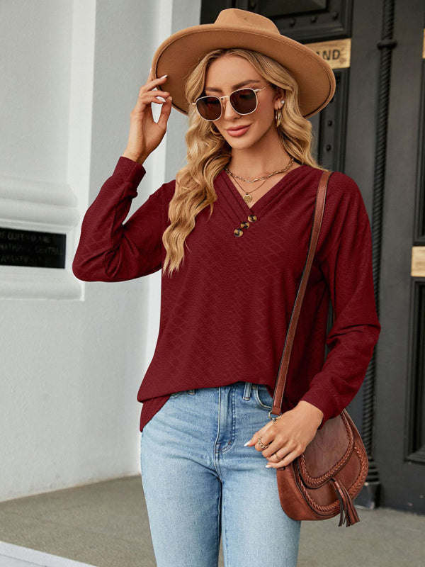 Parker V Neck Button Loose Long Sleeve T-Shirt Top Women's Clothes