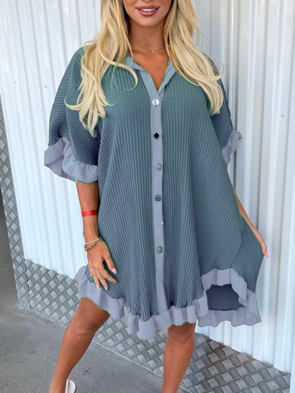 Dahlia New Women Fashion Solid Color Shirt Dress Ruffle Sleeve Irregular Shirt Dress