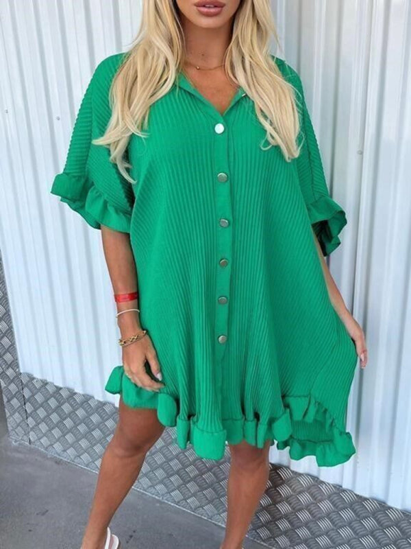 Dahlia New Women Fashion Solid Color Shirt Dress Ruffle Sleeve Irregular Shirt Dress