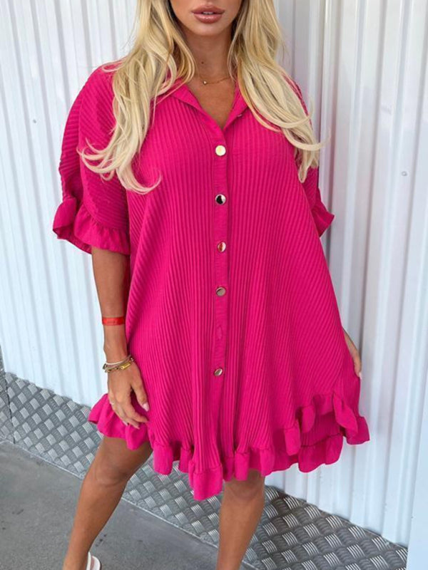 Dahlia New Women Fashion Solid Color Shirt Dress Ruffle Sleeve Irregular Shirt Dress