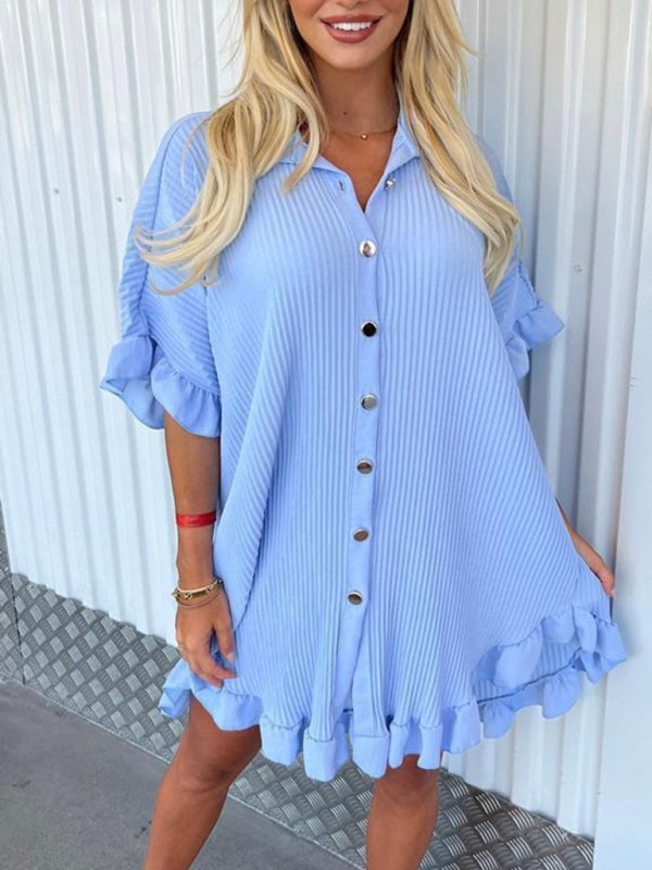 Dahlia New Women Fashion Solid Color Shirt Dress Ruffle Sleeve Irregular Shirt Dress