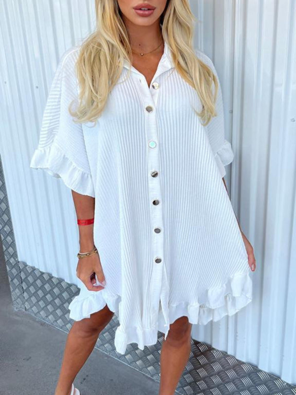 Dahlia New Women Fashion Solid Color Shirt Dress Ruffle Sleeve Irregular Shirt Dress