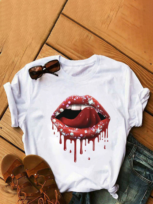 Destiny Women's Fashion Casual Lip Print Women's Short Sleeve T-Shirt