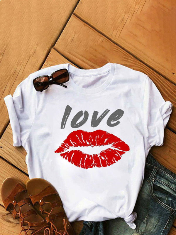 Destiny Women's Fashion Casual Lip Print Women's Short Sleeve T-Shirt