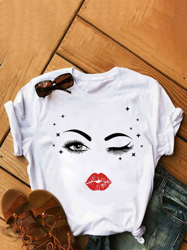 Destiny Women's Fashion Casual Lip Print Women's Short Sleeve T-Shirt