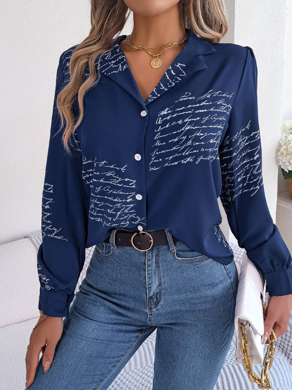 Seraphina New Women's Casual All-Match Letter Suit Collar Long-Sleeved Shirt