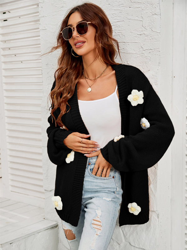 Tiana New Long-Sleeved Floral Cardigan Lantern Sleeves Knitted Sweater Jacket