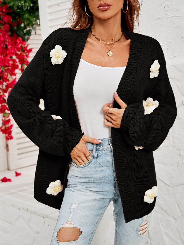 Tiana New Long-Sleeved Floral Cardigan Lantern Sleeves Knitted Sweater Jacket