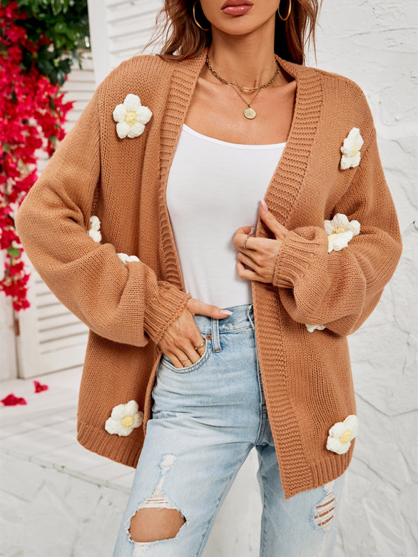 Tiana New Long-Sleeved Floral Cardigan Lantern Sleeves Knitted Sweater Jacket