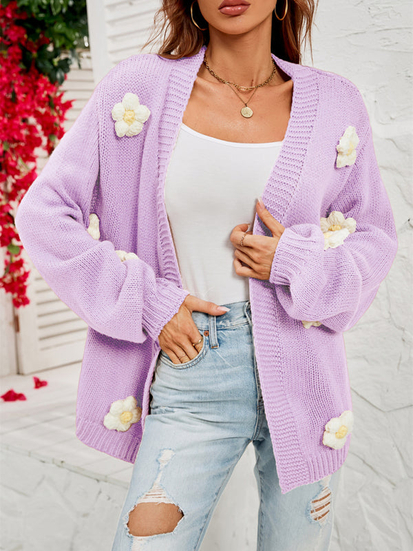 Tiana New Long-Sleeved Floral Cardigan Lantern Sleeves Knitted Sweater Jacket