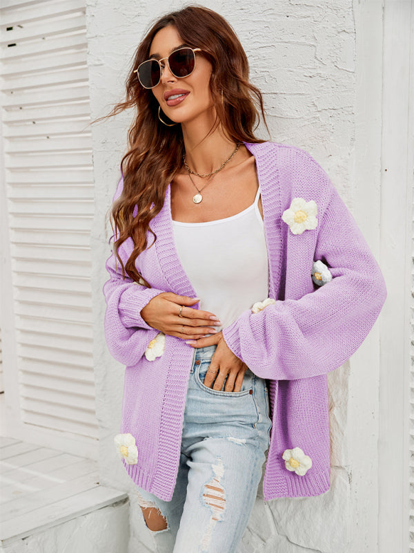 Tiana New Long-Sleeved Floral Cardigan Lantern Sleeves Knitted Sweater Jacket