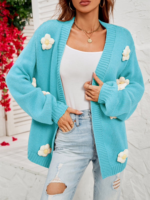 Tiana New Long-Sleeved Floral Cardigan Lantern Sleeves Knitted Sweater Jacket