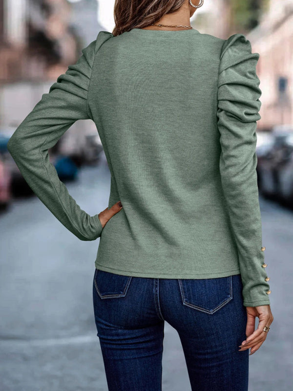 Kit Cashmere Round Neck Slim Puff Sleeve Long Sleeve Top