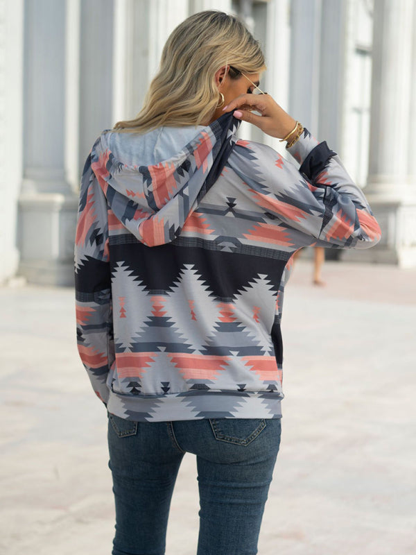 Tatum New Geometric Pattern Long-Sleeved Loose Hooded Button Pocket Sweater