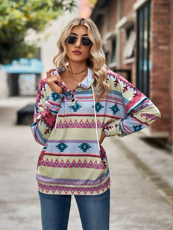 Tatum New Geometric Pattern Long-Sleeved Loose Hooded Button Pocket Sweater