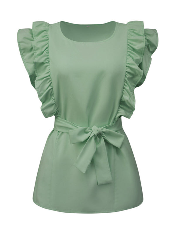 Perpetua New Solid Color Simple Ruffled Short-Sleeved Shirt With Belt For Women