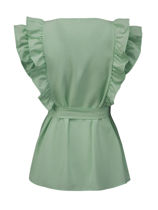 Perpetua New Solid Color Simple Ruffled Short-Sleeved Shirt With Belt For Women