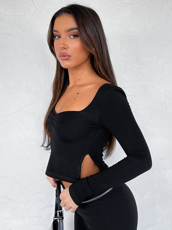 Tamara New Solid Color Square Neck Long Sleeve Gathered Side Slit Top T-Shirt