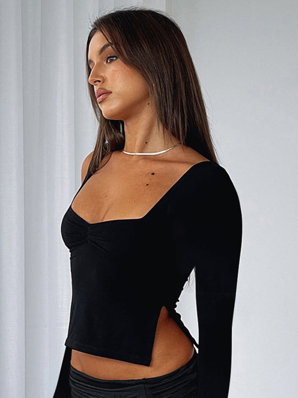 Tamara New Solid Color Square Neck Long Sleeve Gathered Side Slit Top T-Shirt