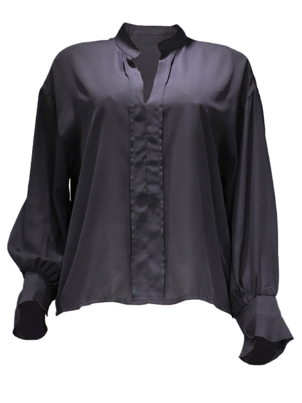 Sylvana New Solid Color Fashion All-Match Loose Long-Sleeved Chiffon Blouse