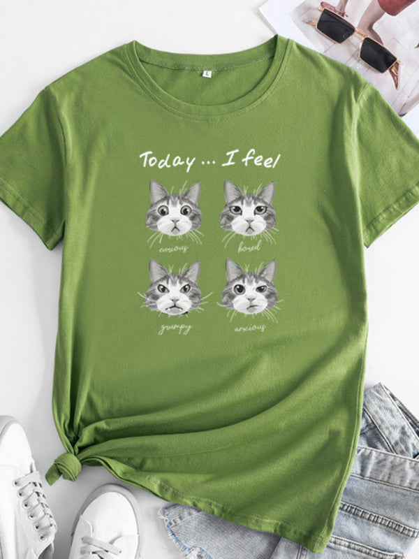 Deborah New Cat Print Round Neck Short Sleeve T-Shirt