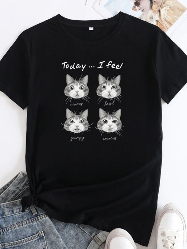 Deborah New Cat Print Round Neck Short Sleeve T-Shirt