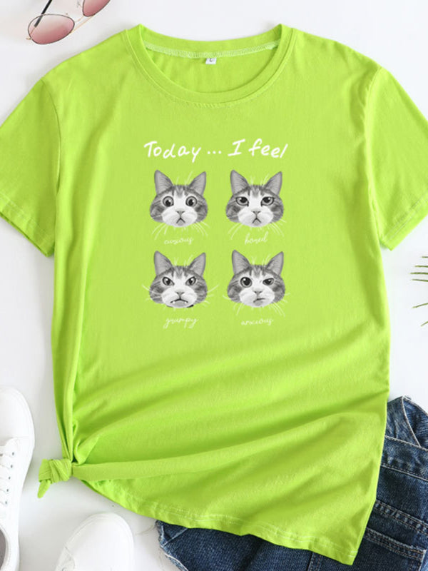 Deborah New Cat Print Round Neck Short Sleeve T-Shirt