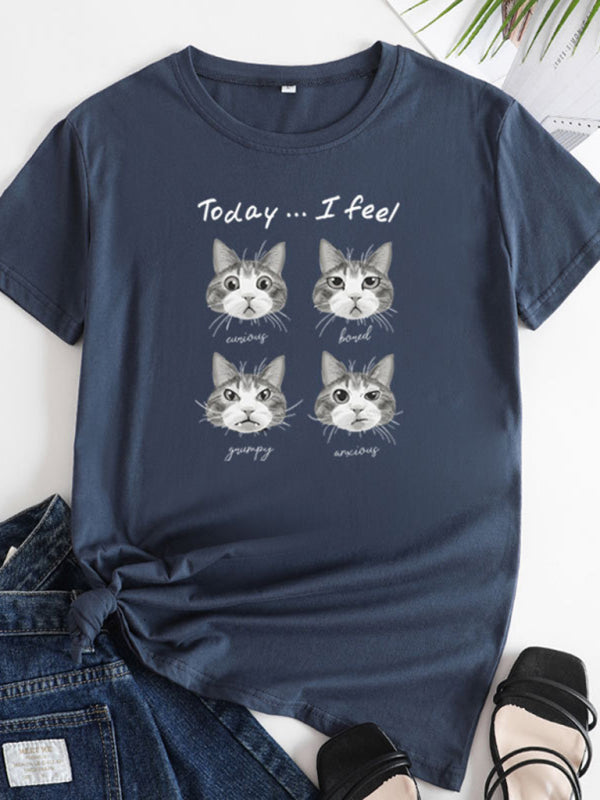 Deborah New Cat Print Round Neck Short Sleeve T-Shirt