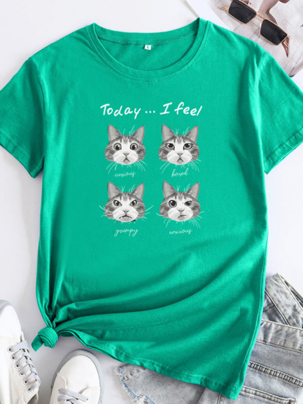 Deborah New Cat Print Round Neck Short Sleeve T-Shirt